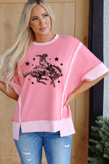 Peach Blossom Raw Seam Mix Texture Patchwork Rodeo Graphic Tee Graphic Tees JT's Designer Fashion