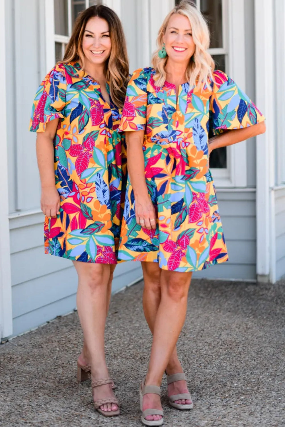 Multicolour Plus Size Leafy Print Split Neck Short Sleeve Shift Dress Plus Size Mini Dresses JT's Designer Fashion