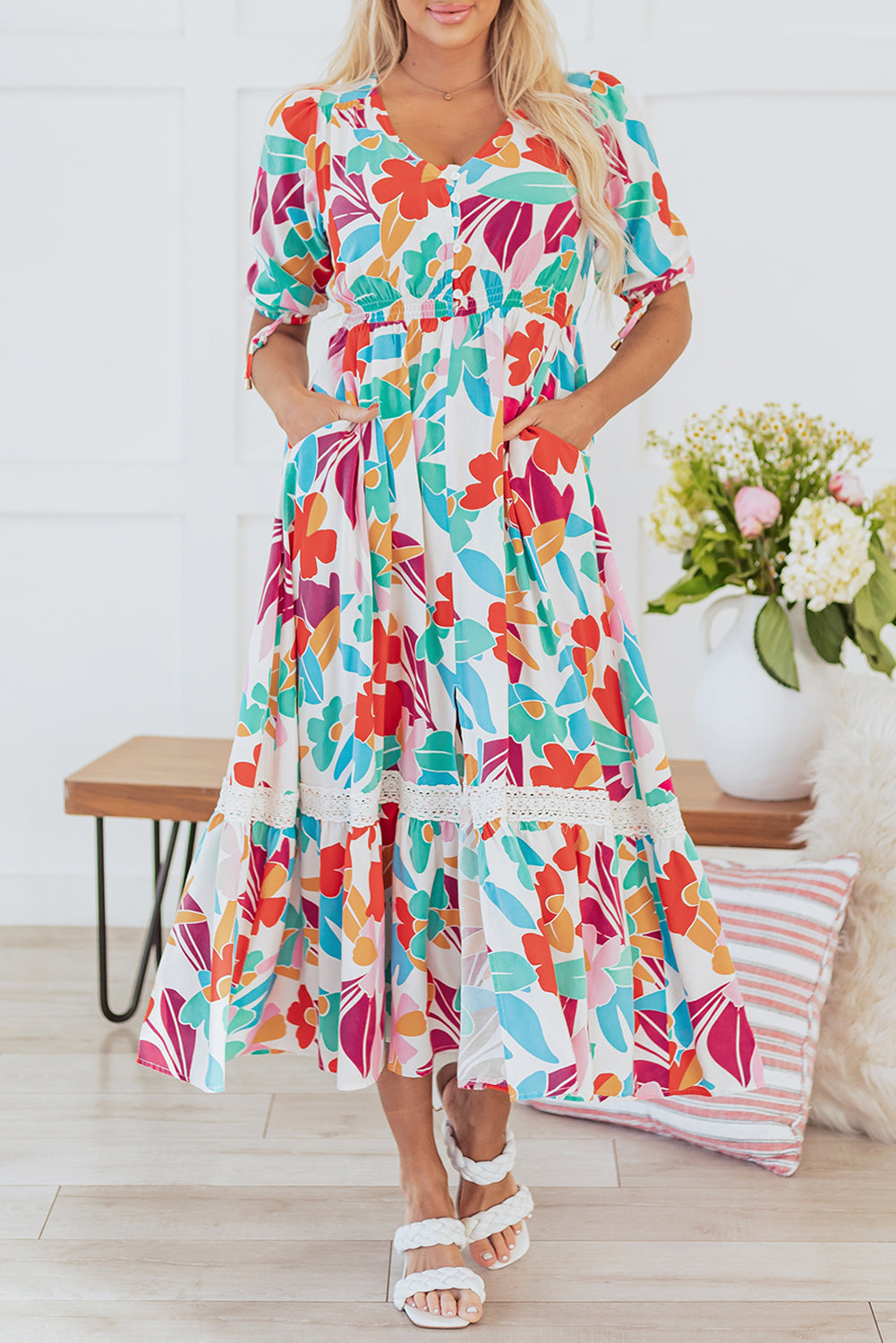 Rose Red Floral Knot Puff Sleeve V Neck Buttoned Front Split Lace Maxi Dress Floral Dresses JT's Designer Fashion
