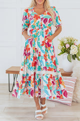 Rose Red Floral Knot Puff Sleeve V Neck Buttoned Front Split Lace Maxi Dress Floral Dresses JT's Designer Fashion
