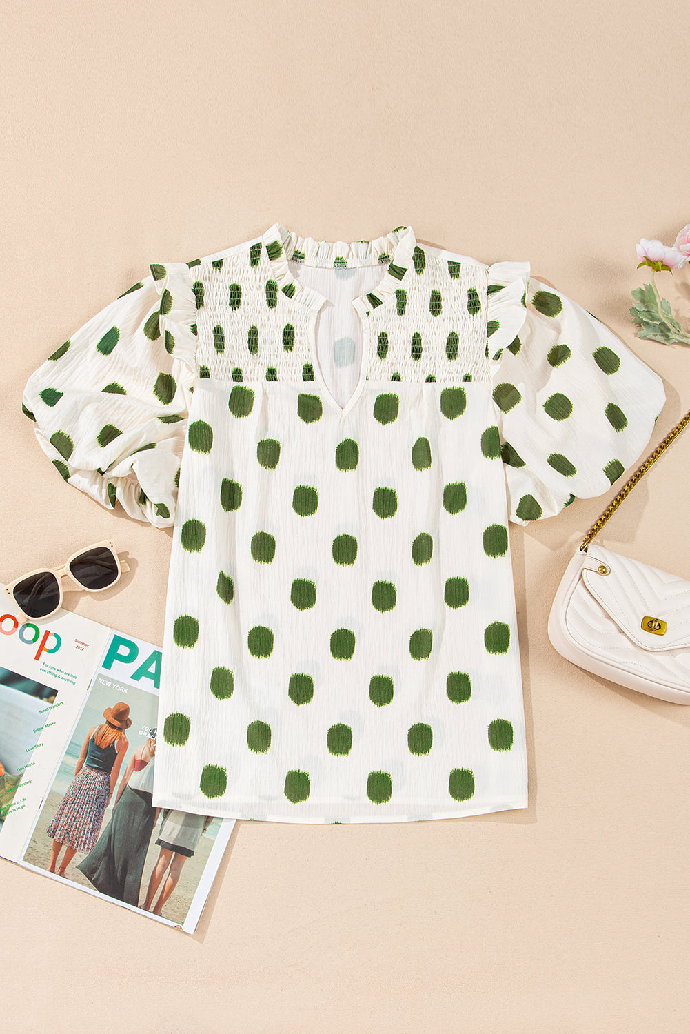 Apricot Polka Dot Print Shirred Yoke Notched Neck Balloon Sleeve Blouse Blouses & Shirts JT's Designer Fashion