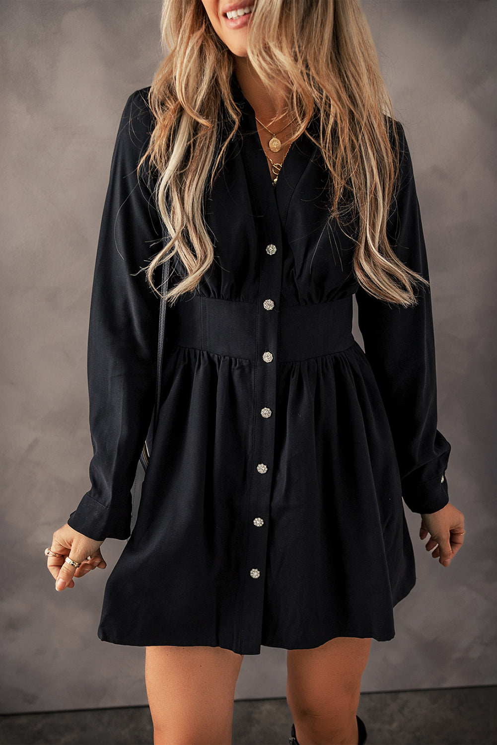 Black Elastic Cinched High Waist Long Sleeve Shirt Mini Dress Mini Dresses JT's Designer Fashion