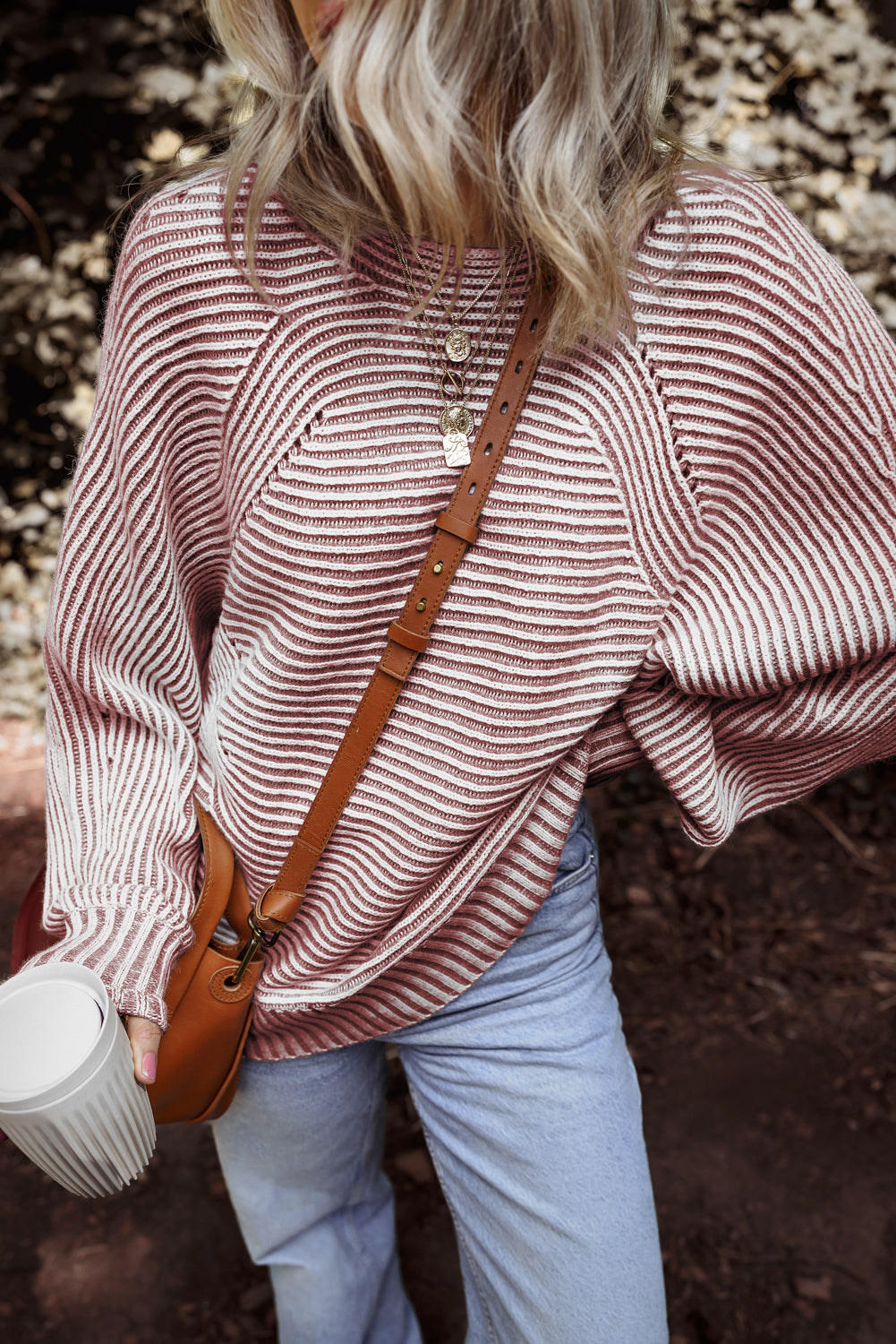 Red Dahlia Striped Print Ribbed Knit Boat Neck Baggy Sweater Sweaters JT's Designer Fashion