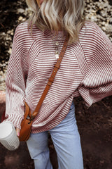 Red Dahlia Striped Print Ribbed Knit Boat Neck Baggy Sweater Sweaters JT's Designer Fashion