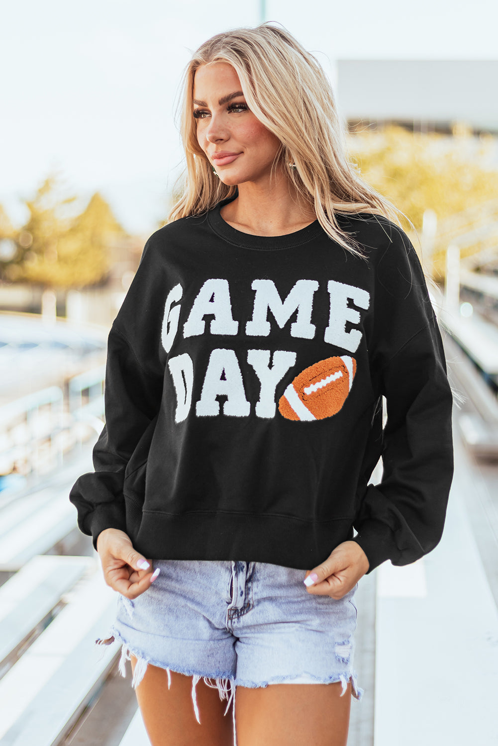 Black GAME DAY Graphic Varsity Pullover Sweatshirt Sweatshirts & Hoodies JT's Designer Fashion