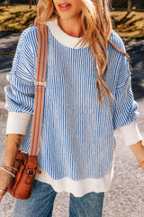 Dark Blue Striped Textured Knit Contrast Edge Loose Sweater Dark Blue 100%Polyester Sweaters JT's Designer Fashion