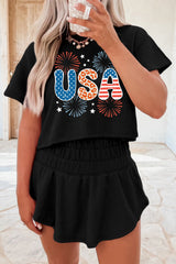 Black Firework USA Graphic Tee and Smocked Waistband Skort Set Black 75%Polyester+20%Cotton+5%Elastane Graphic Sets JT's Designer Fashion