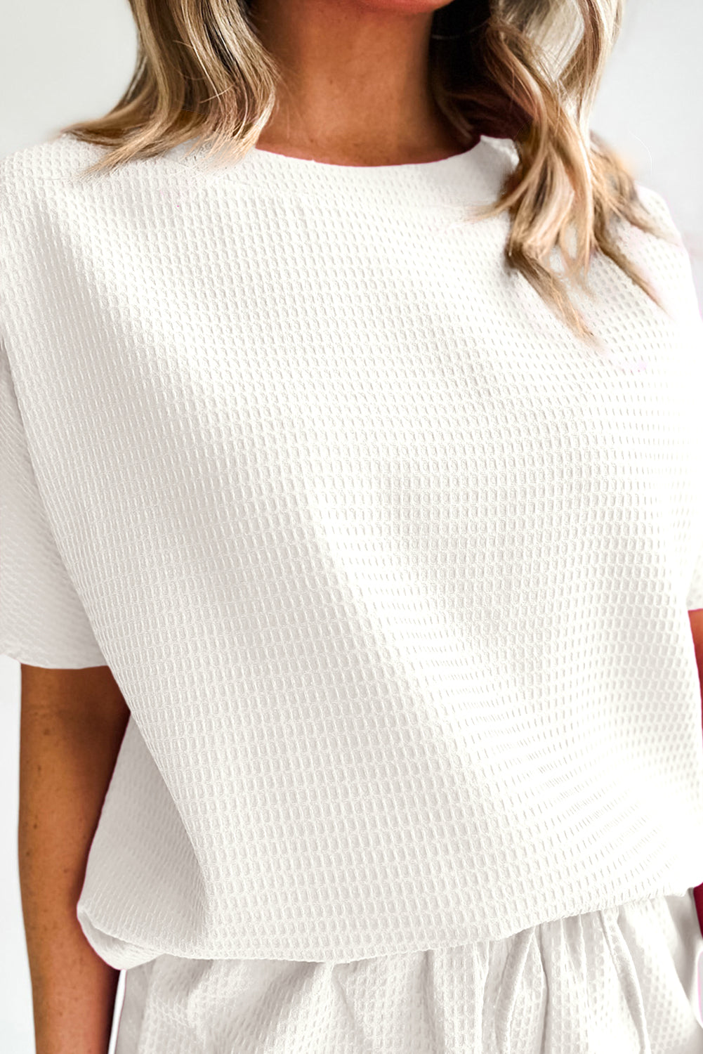 White Casual Textured Tee and Drawstring Shorts Set Short Sets JT's Designer Fashion