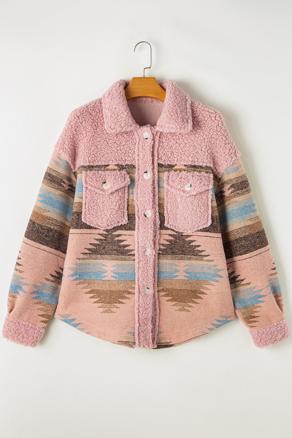 Pink Western Aztec Print Sherpa Splicing Buttoned Flap Pocket Coat Jackets JT's Designer Fashion