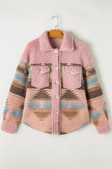 Pink Western Aztec Print Sherpa Splicing Buttoned Flap Pocket Coat Jackets JT's Designer Fashion