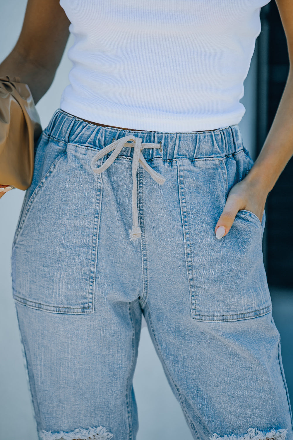 Sky Blue Gather Round Distressed Pocketed Denim Jogger Jeans JT's Designer Fashion