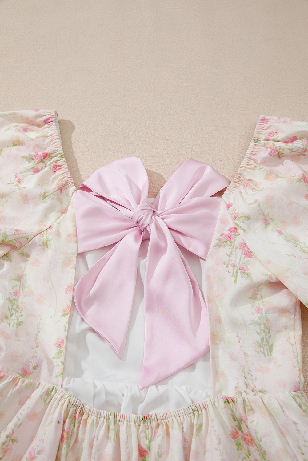 Pink Floral Puff Sleeve Square Neck Knotted Open Back Ruffled Mini Dress Floral Dresses JT's Designer Fashion