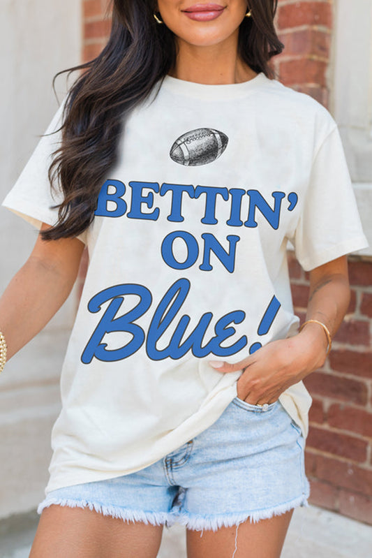 White Rugby Football BETTIN ON Blue Graphic Crewneck T Shirt Graphic Tees JT's Designer Fashion