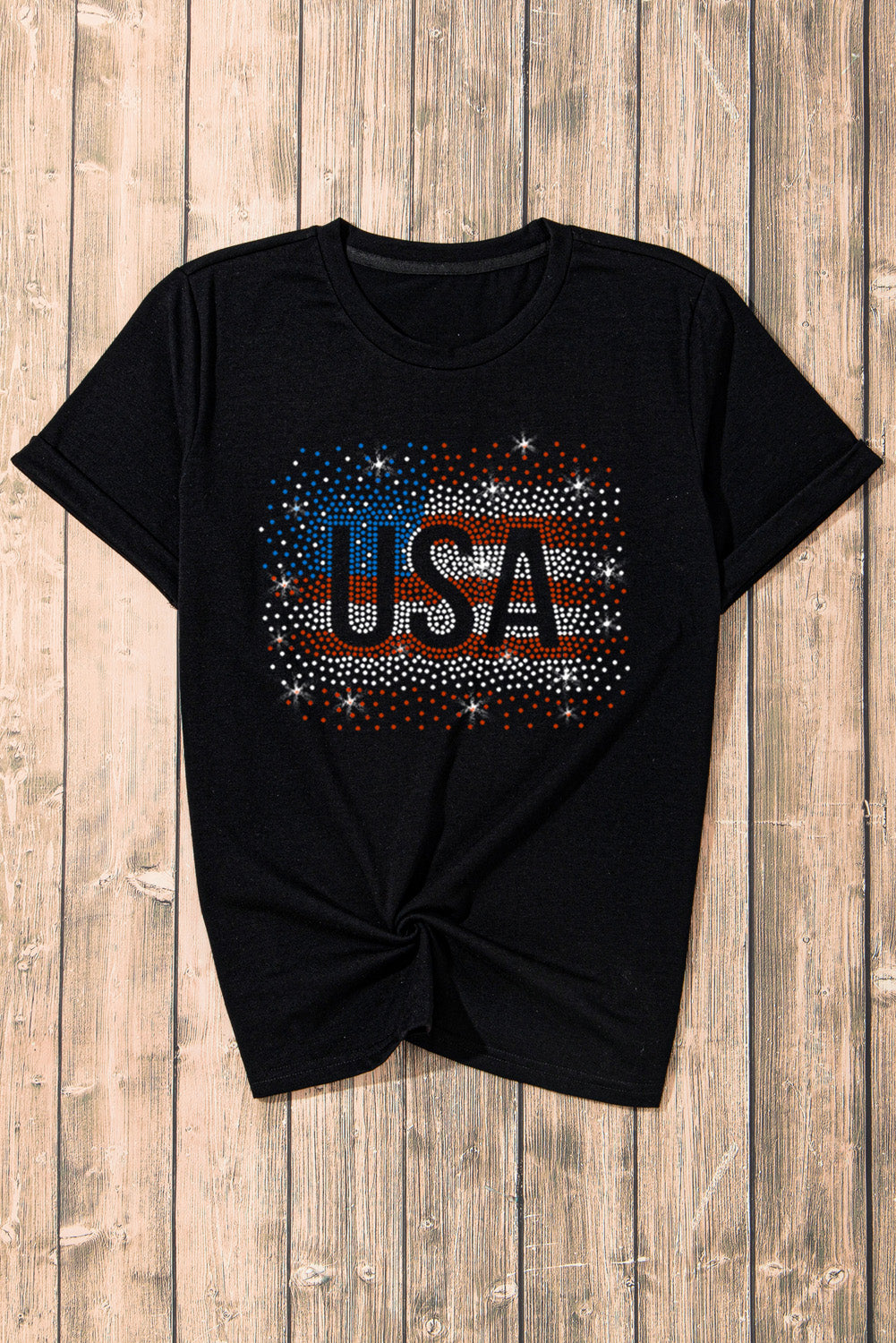 Black Rhinestone America Flag USA Graphic T Shirt Graphic Tees JT's Designer Fashion
