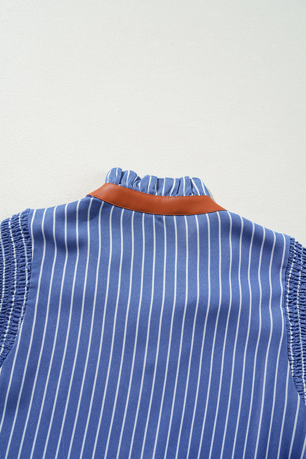 Sky Blue Stripe Frilly Split Neck Shirred Ruffle Sleeve Short Shift Dress Mini Dresses JT's Designer Fashion