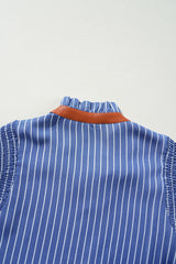 Sky Blue Stripe Frilly Split Neck Shirred Ruffle Sleeve Short Shift Dress Mini Dresses JT's Designer Fashion