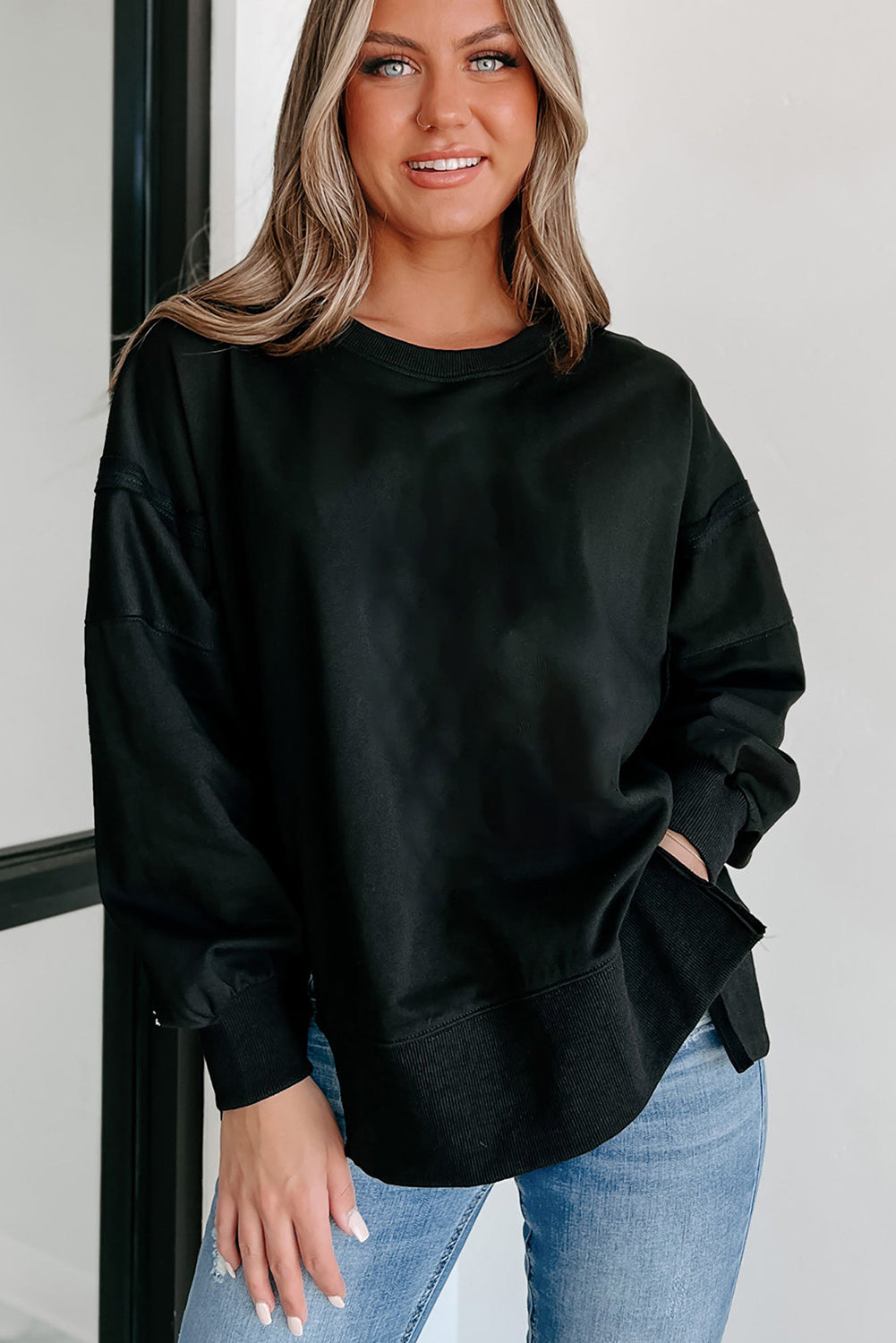 Black Exposed Seam Drop Shoulder Round Neck Sweatshirt with Slits Sweatshirts & Hoodies JT's Designer Fashion
