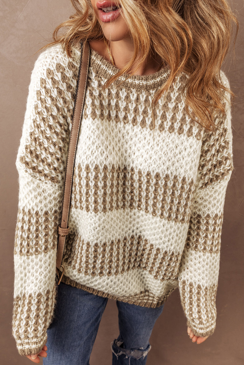 Brown Stripe Drop Shoulder Round Neck Loose Sweater Sweaters JT's Designer Fashion