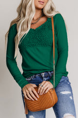 Green Lace Crochet V Neck Long Sleeve Top Long Sleeve Tops JT's Designer Fashion