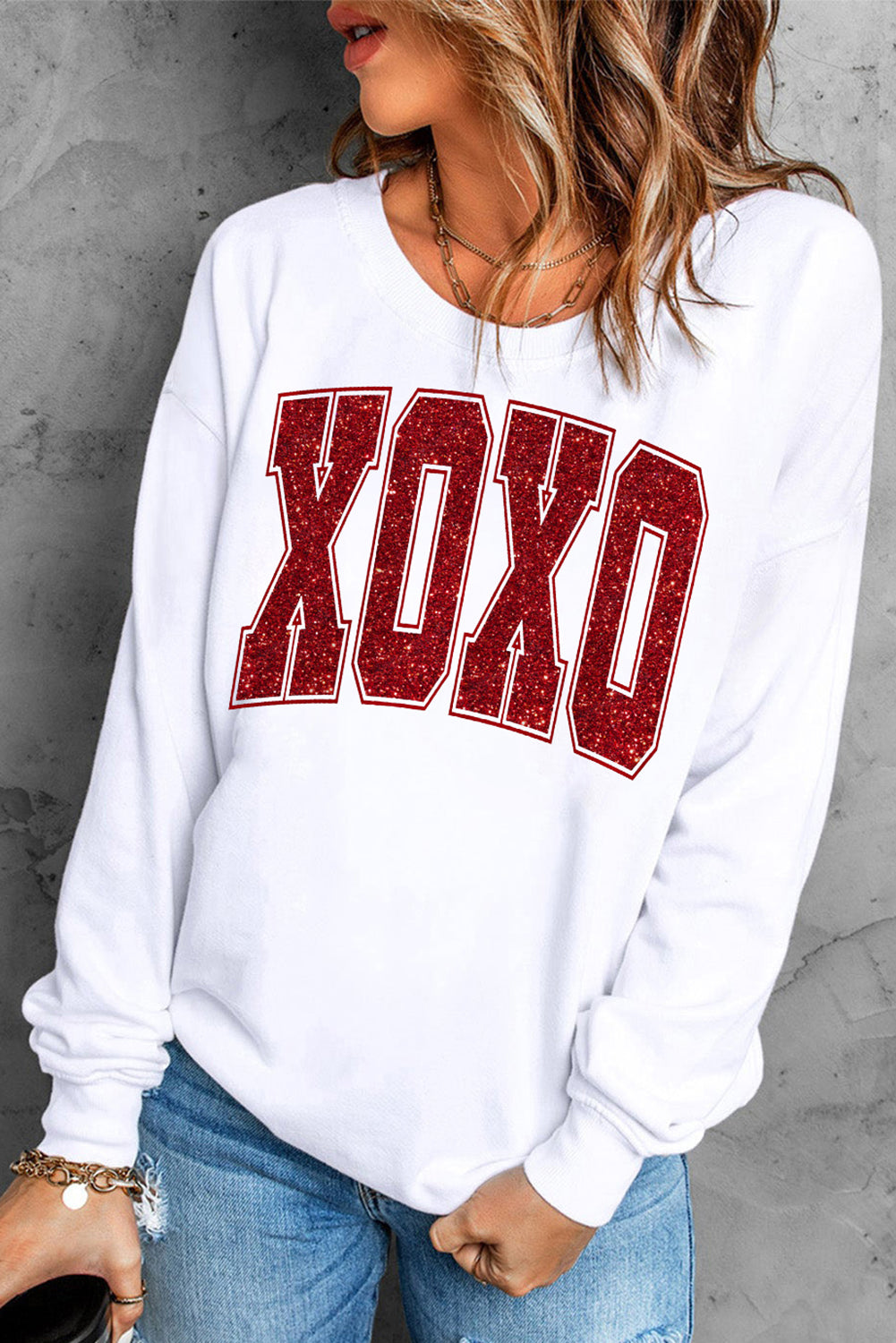 White Glitter XOXO Graphic Crewneck Valentines Pullover Sweatshirt Graphic Sweatshirts JT's Designer Fashion