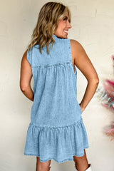 Beau Blue Bowknot Neck Sleeveless Ruffled Chambray Dress Mini Dresses JT's Designer Fashion