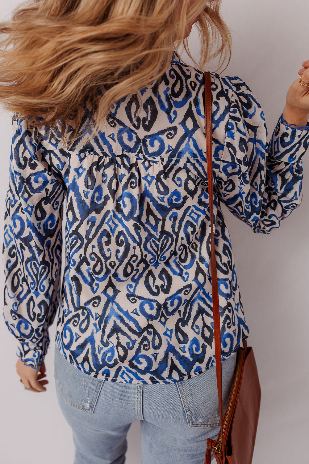 Blue Bohemian Print Embroidered V Neckline Detail Long Sleeve Shirt Blouses & Shirts JT's Designer Fashion