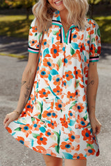 Orange Contrast Trim Floral Split Neck Puff Short Sleeve Tiered Mini Dress Floral Dresses JT's Designer Fashion