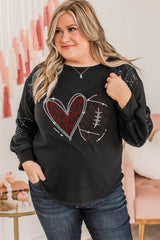 Black Rhinestone Heart Rugby Football Pattern Sequin Patched Sleeve Plus Size Top Graphic Plus Size JT's Designer Fashion