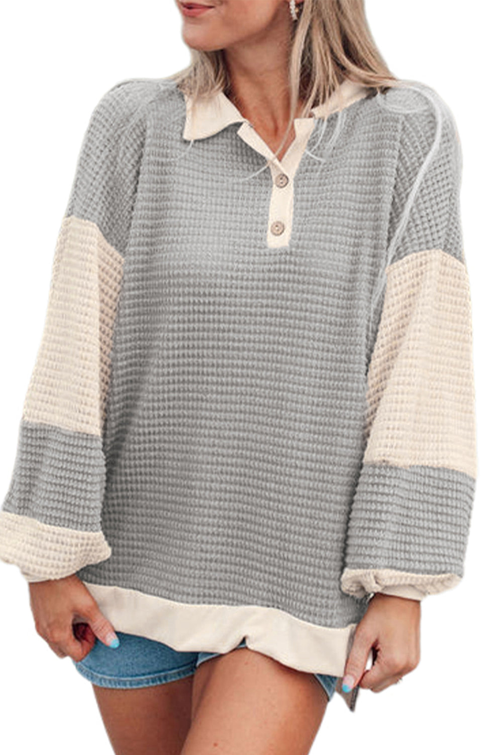 Khaki Textured Colorblock Collared Henley Top Long Sleeve Tops JT's Designer Fashion
