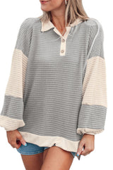 Khaki Textured Colorblock Collared Henley Top Long Sleeve Tops JT's Designer Fashion