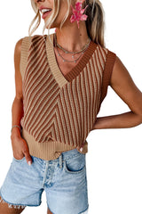 Light French Beige Contrast Chevron Knit V Neck Sweater Vest Sweaters & Cardigans JT's Designer Fashion