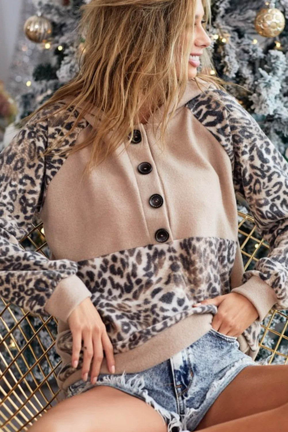 Leopard Print Buttoned Neckline Raglan Sleeve Hoodie Sweatshirts & Hoodies JT's Designer Fashion