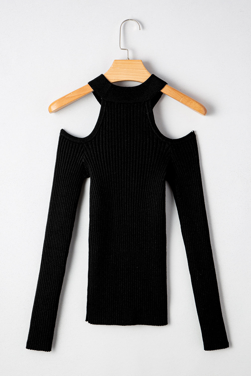 Black Ribbed Knit Cold Shoulder Choker Neck Sweater Sweaters JT's Designer Fashion