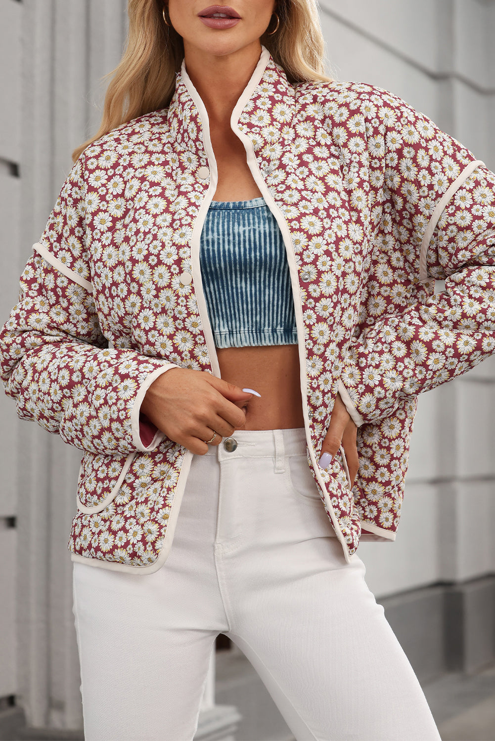 Pink Floral Print Contrast Edge Pocketed Stand Neck Jacket Jackets JT's Designer Fashion