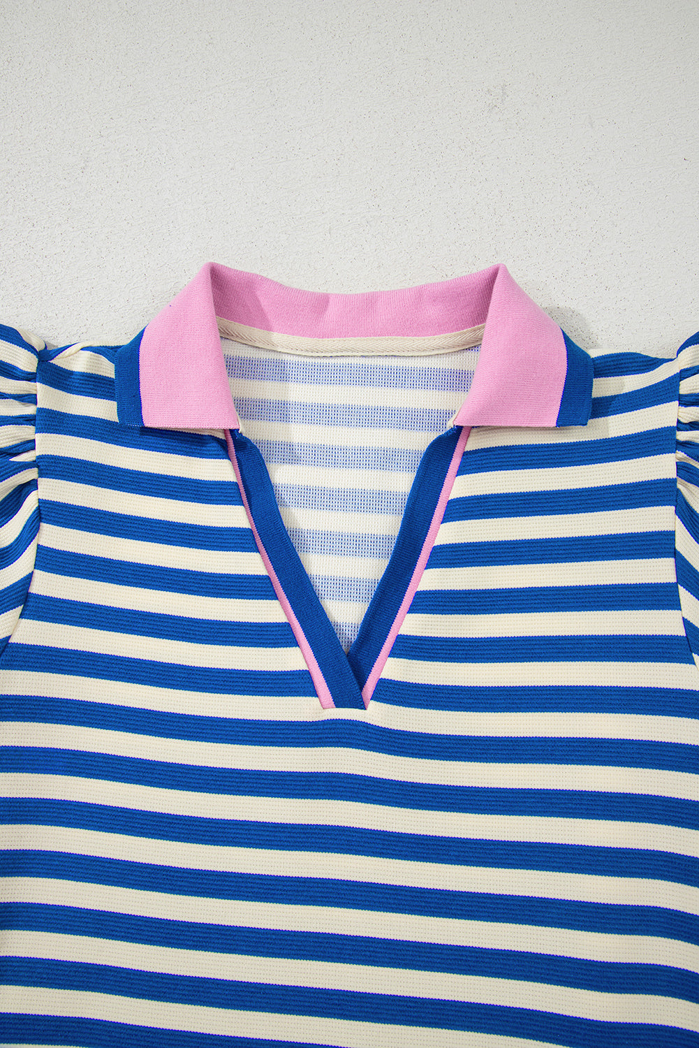Dark Blue Stripe Print Contrast Collar Split Neck Flutter Sleeve Short Dress Mini Dresses JT's Designer Fashion