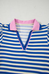 Dark Blue Stripe Print Contrast Collar Split Neck Flutter Sleeve Short Dress Mini Dresses JT's Designer Fashion