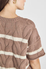 Dark Khaki Striped Cable Short Sleeve Sweater Sweaters & Cardigans JT's Designer Fashion