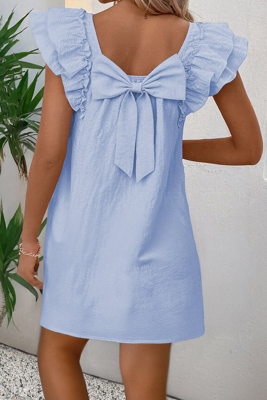 Beau Blue Textured Flutter Sleeve Square Neck Bow Back Mini Dress Beau Blue 95%Polyester+5%Elastane Mini Dresses JT's Designer Fashion