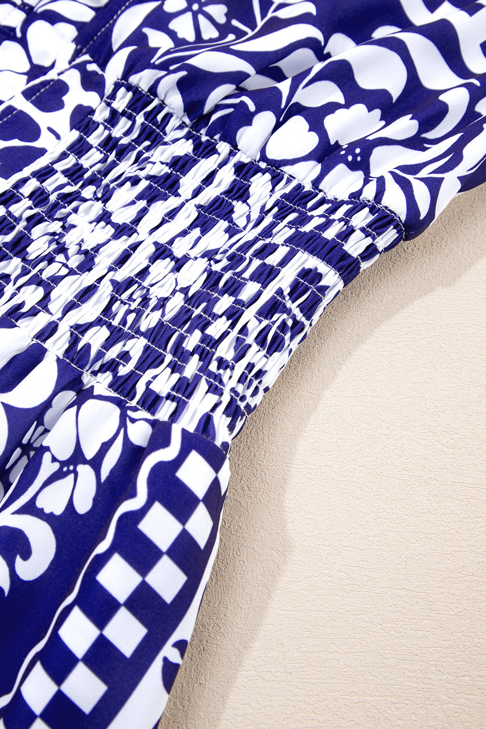 Dirty blue Shirred Waist V Neck Sleeveless Floral Print Long Dress Dresses JT's Designer Fashion