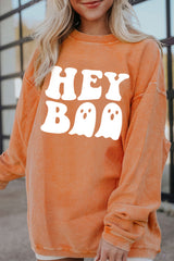 Orange Halloween Hey Boo Ghost Print Loose Sweatshirt Orange-3 100%Polyester Graphic Sweatshirts JT's Designer Fashion