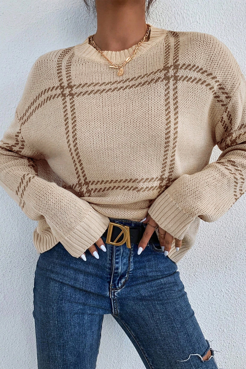 Khaki Plaid Pattern Knitted Drop Shoulder Sweater Sweaters JT's Designer Fashion