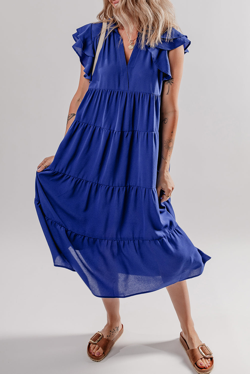 Bluing Ruffled Short Sleeve Collared V Neck Tiered Midi Dress Midi Dresses JT's Designer Fashion