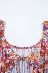Red Floral Puff Sleeve Square Neck Knot Open Back Mini Dress Floral Dresses JT's Designer Fashion