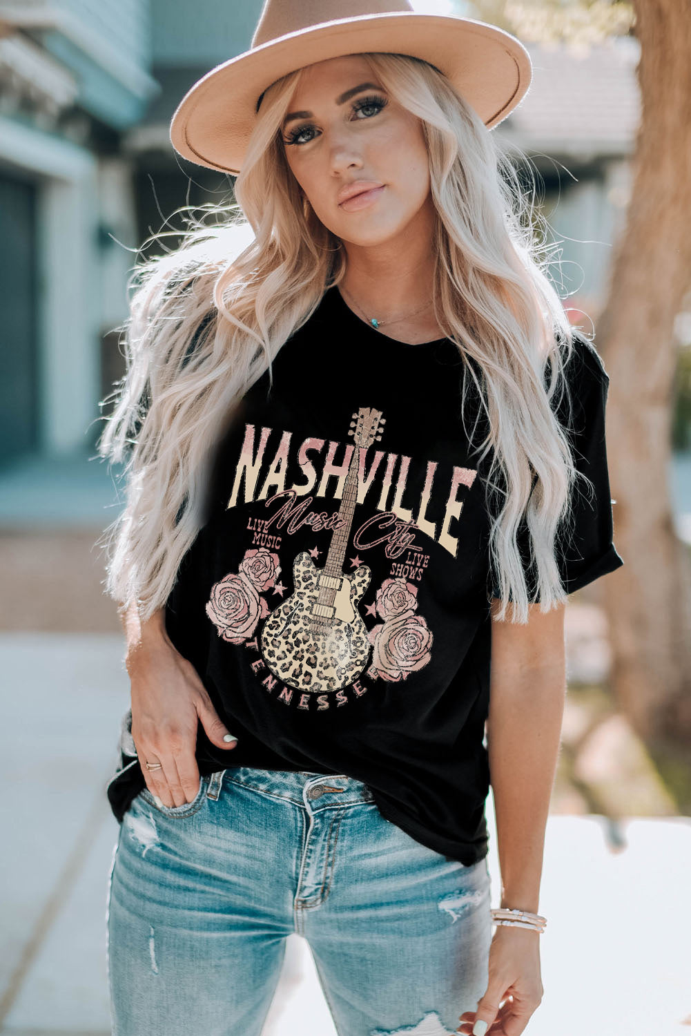 Black Nashville Music City Leopard Guitar Graphic T Shirt Graphic Tees JT's Designer Fashion