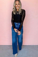 Black Mesh Bow Pattern Long Sleeve Top Long Sleeve Tops JT's Designer Fashion