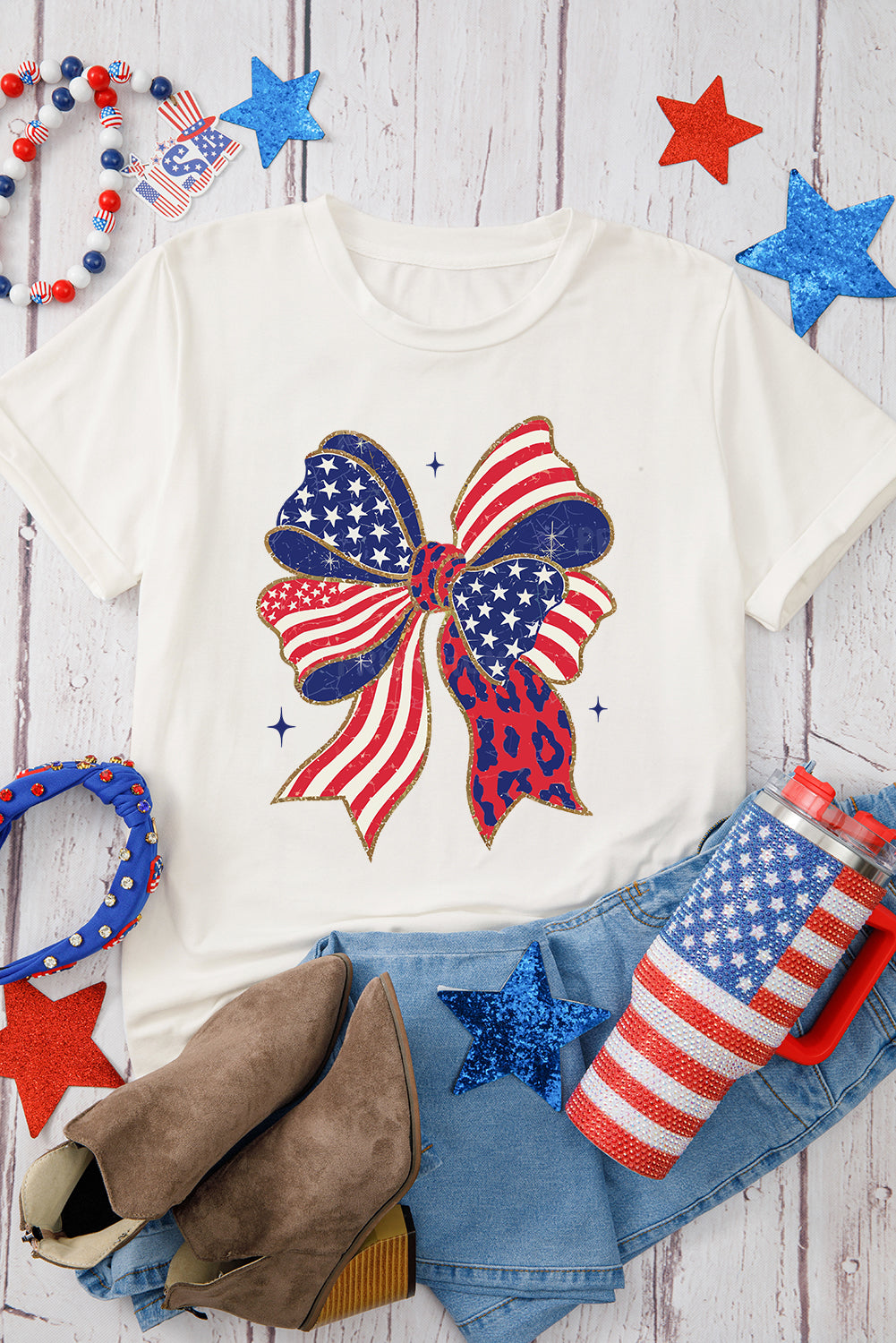 White Stars and Stripes Bow Print 4th of July T Shirt Graphic Tees JT's Designer Fashion