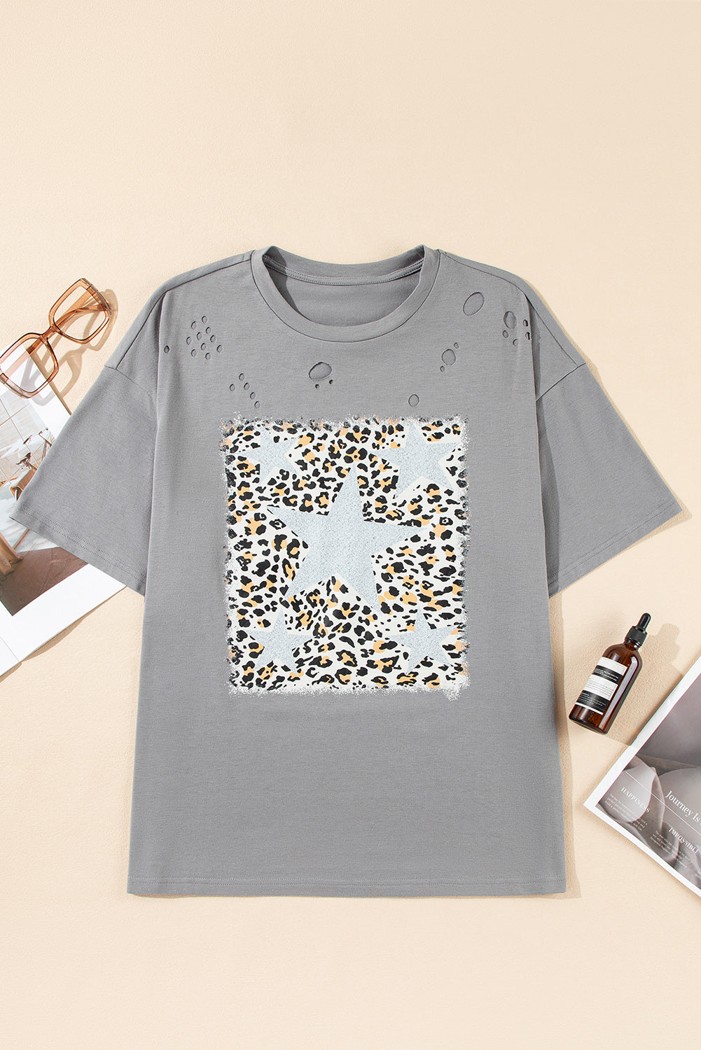 Medium Grey Stars Leopard Graphic Distressed Tee Graphic Tees JT's Designer Fashion