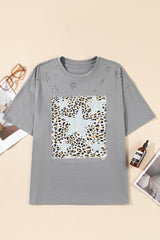 Medium Grey Stars Leopard Graphic Distressed Tee Graphic Tees JT's Designer Fashion