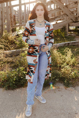Multicolor Geometric Color Block Open Front Long Cardigan Sweaters & Cardigans JT's Designer Fashion