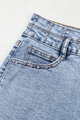 Beau Blue Rhinestone Light Wash Raw Hem High Waist Denim Shorts Denim Shorts JT's Designer Fashion